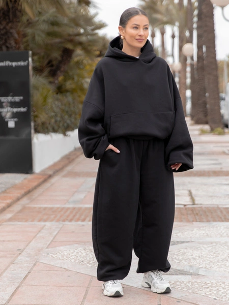 Zestaw dresowy oversize – bluza z kapturem + spodnie barrel | kolor czarny