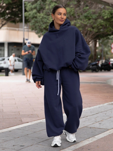 Dresowe bawełniane SPODNIE baggy niski stan navy blue X403