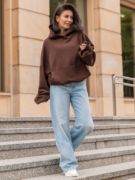 Viralowa Dresowa bawełniana BLUZA z kapturem oversize szeroka brązowa E644