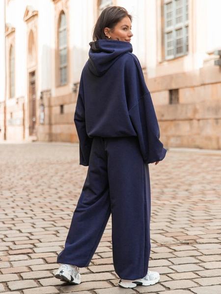 Luźna BLUZA z kapturem oversize szeroka z bawełnianej dresówki niedrapanej od wewnątrz navy blue X150