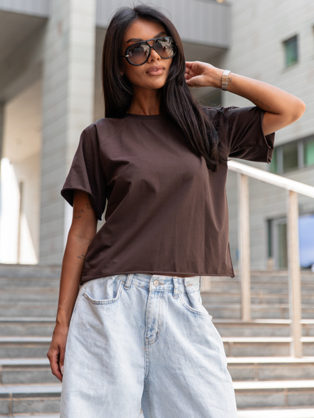 Bawełniany T-SHIRT bluzka z krótkim reglanowym rękawem czekoladowy X354