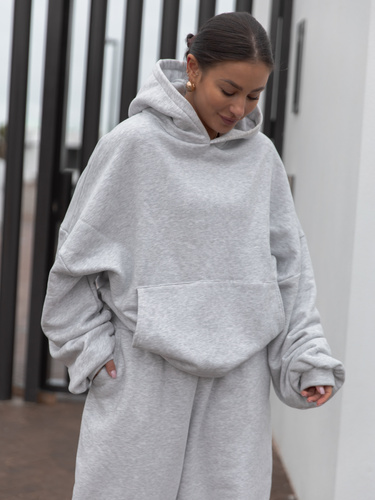 Dresowa bluza z bawełny baggy z kangurką i kapturem szary melanż X562