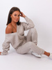 Dres swetrowy komplet bluza dekolt v+spodnie beżowy b28 k01