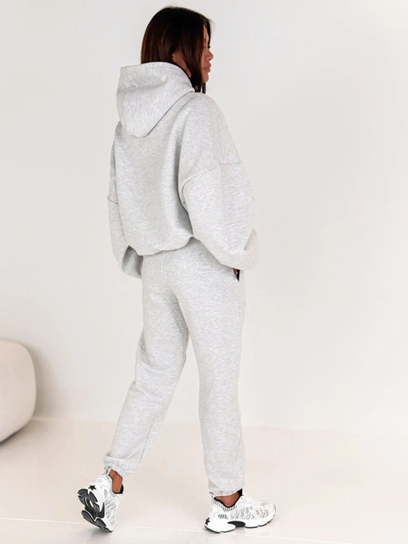 Dresowe bawełniane SPODNIE z wysokim stanem luźny krój ze ściągaczami szary melanż E341