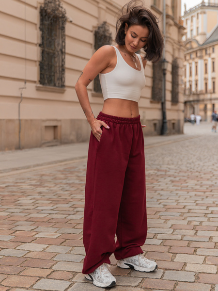 Luźne SPODNIE baggy z bawełnianej dresówki niedrapanej od wewnątrz bordowe X151