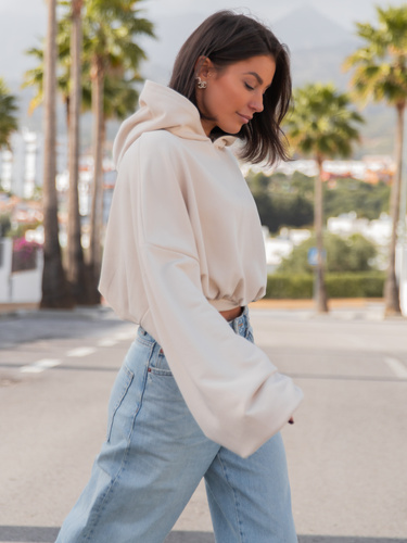 Bawełniana krótka oversizowa BLUZA dresowa z kapturem kangurka waniliowa X51 k01