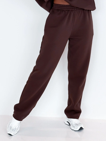 Dresowe bawełniane SPODNIE z wysokim stanem luźny krój brązowe E359 k01