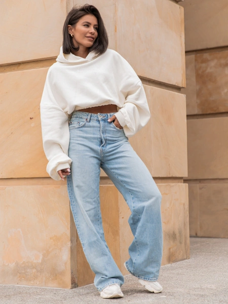 Dresowa bawełniana BLUZA kangurka z kapturem o krótszym kroju bluzowana ecru X304