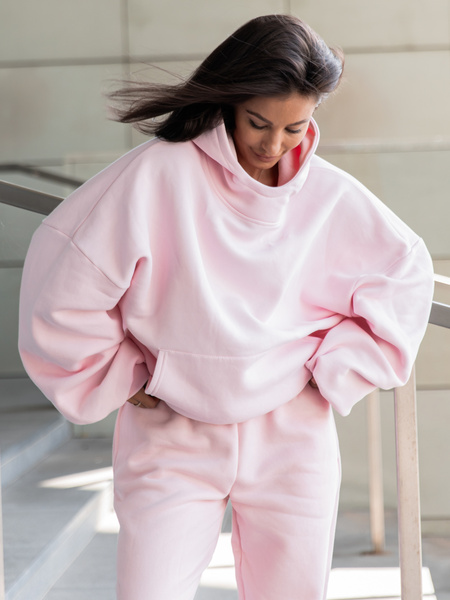 Viralowa Bawełniana BLUZA z drapanego dresu z kapturem na stójce z kieszeniami kangurka baby pink E1