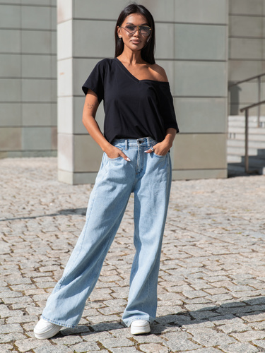 Bawełniany T-SHIRT bluzka z krótkim rękawem z dekoltem V czarna X404