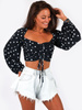 KRÓTKA MARSZCZONA BLUZKA SZEROKIE RĘKAWY czarna w grochy B162 k01