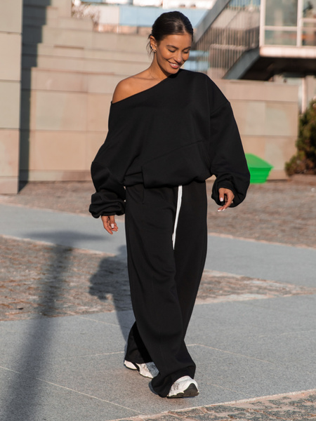 Dresowa bawełniana BLUZA opuszczana na ramiona oversize szeroka czarna X400