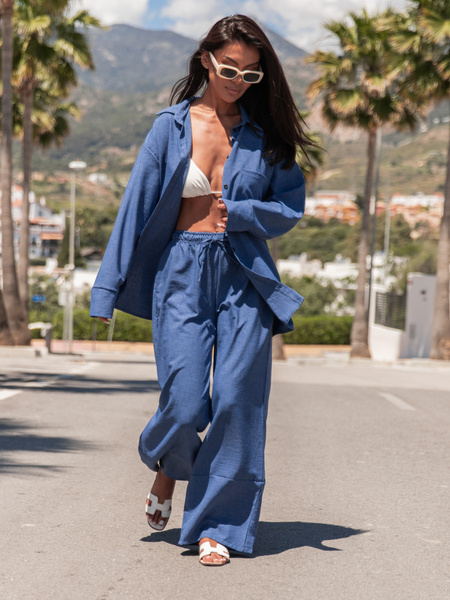 Komfortowy KOMPLET oversizowa koszula z długim rękawem i długie luźne spodnie z tkaniny ala len ciemny jeansowy X174 k01