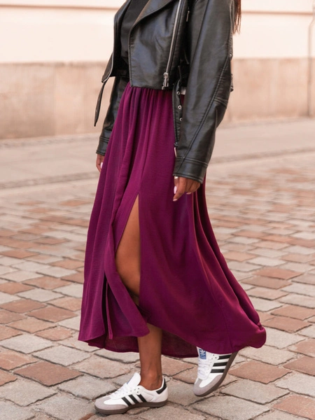 Zwiewna długa SPÓDNICA maxi z rozporkami bordowa E414