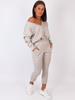 Dres swetrowy komplet bluza dekolt v+spodnie beżowy b28 k01