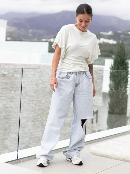 Wiskozowa BLUZKA kimono z marszczeniem po bokach z krótkim rękawem ecru X501