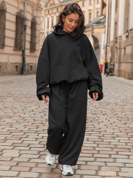 Luźna BLUZA z kapturem oversize szeroka z bawełnianej dresówki niedrapanej od wewnątrz czarna X150