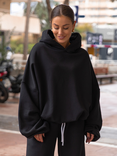 Oversizowa bawełniana BLUZA z dresu drapanego z kapturem czarna X478