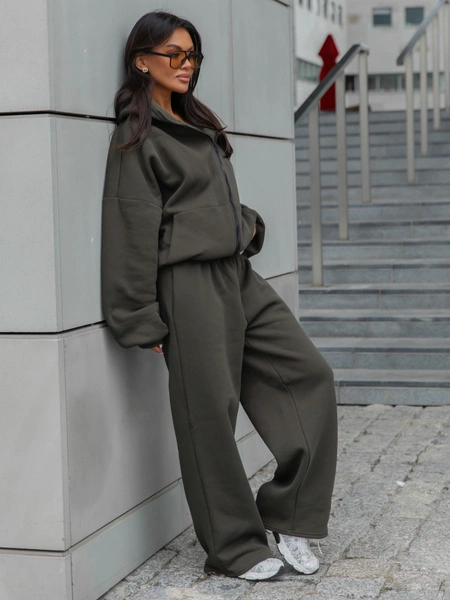 Dresowe bawełniane SPODNIE  z szerokimi nogawkami dark khaki X31