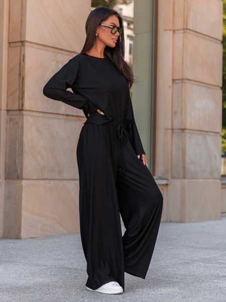 Codzienny komfortowy KOMPLET z wiscozy luźna bluzka z długim rękawem i szerokie spodnie czarny X318