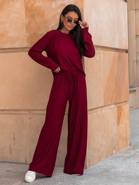 Codzienny komfortowy KOMPLET z wiscozy luźna bluzka z długim rękawem i szerokie spodnie bordowy X318