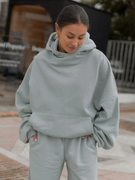 Viralowa Bawełniana BLUZA z drapanego dresu z kapturem na stójce z kieszeniami kangurka szałwiowy E1