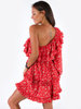 ASYMETRYCZNA ROZKLOSZOWANA SUKIENKA NA JEDNO RAMIĘ czerwona w kwiatki B171 k01