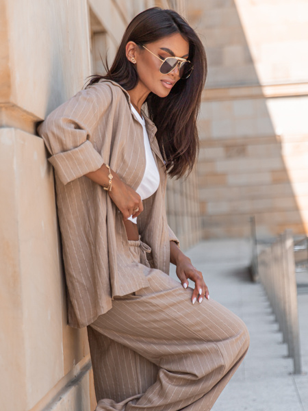 Lniana oversizowa dłuższa KOSZULA mokka w tenisowy prążek X250 k01