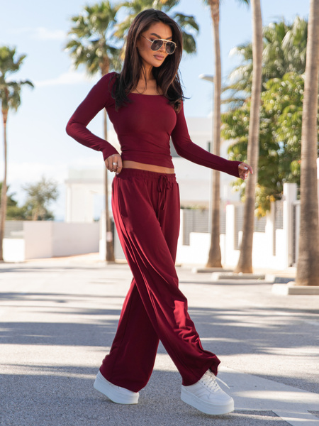 Szerokie SPODNIE z wiskozy z niskim stanem z gumką w pasie bordowe X24 k01