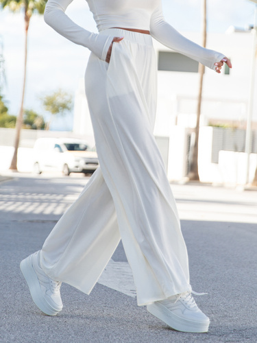 Szerokie SPODNIE z wiskozy z wysokim stanem z zaszewkami ecru X18