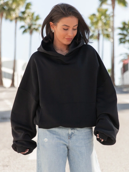 Viralowa Dresowa bawełniana BLUZA z kapturem oversize szeroka czarna E644