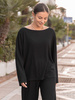 Luźna komfortowa BLUZKA z długim rękawem z prążkowanej dzianiny wiskoza i bawełna czarna X506
