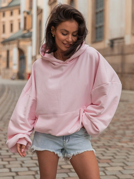 Luźna BLUZA z kapturem oversize szeroka z bawełnianej dresówki niedrapanej od wewnątrz baby pink X150