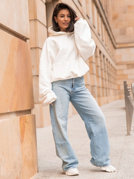 Viralowa Dresowa bawełniana BLUZA z kapturem oversize szeroka ecru E644