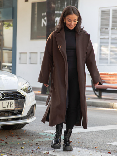 Oversizowy długi PŁASZCZ o szerokim kroju czekoladowy X467