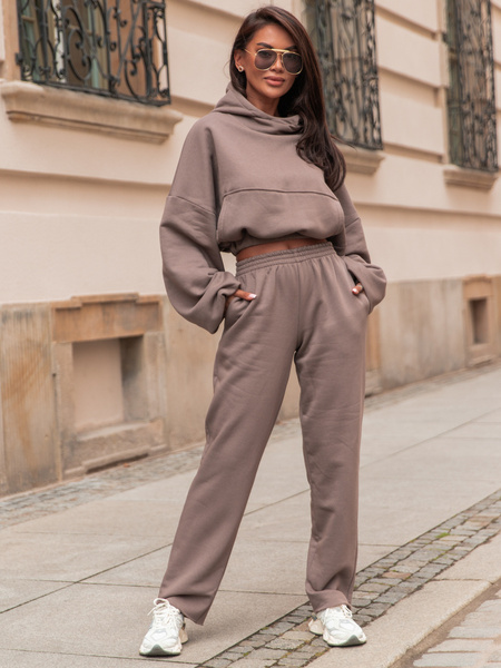 Dresowe bawełniane SPODNIE z wysokim stanem luźny krój coffee E359 k01