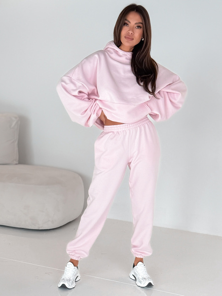 Dresowe bawełniane SPODNIE z wysokim stanem luźny krój ze ściągaczami baby pink E341