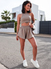 KOMPLET bawełniany dresowe asymetryczne szorty i top na ramkach z prążka cappuccino D205 k01