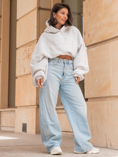 Dresowa bawełniana BLUZA kangurka z kapturem o krótszym kroju bluzowana szary melanż X304