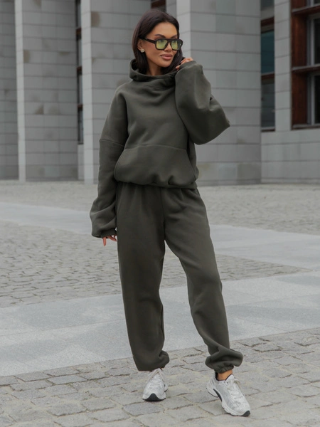 Dresowe bawełniane SPODNIE  ze ściągaczami dark khaki X32