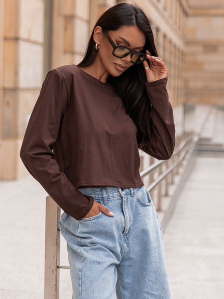 Bawełniany T-SHIRT bluzka z długim rękawem z poduszkami na ramionach brązowa X308