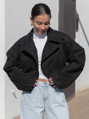 Oversizowa krótka KURTKA o szerokim kroju ramoneska czarna X468