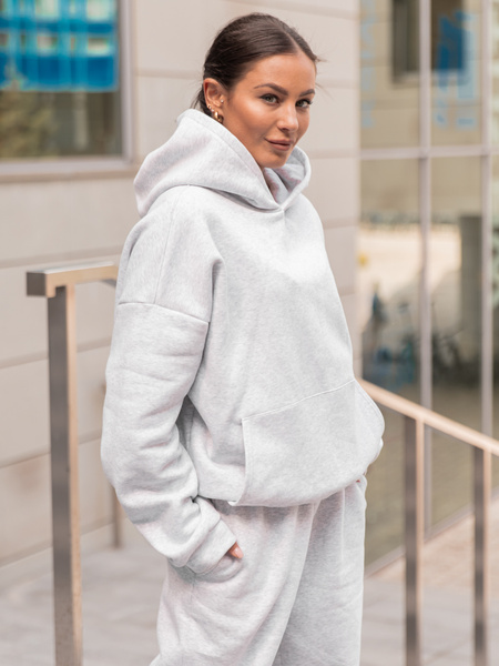 Dresowa bawełniana BLUZA z kapturem kangurka o klasycznym kroju szary melanż X350