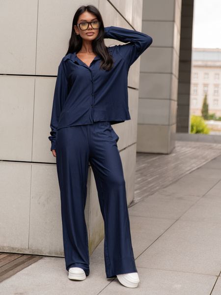 Wiskozowy codzienny KOMPLET lużna bluzka o kroju koszuli i luźne spodnie navy blue X357