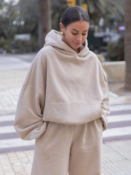 Viralowa Dresowa bawełniana BLUZA z kapturem oversize szeroka beżowa E644