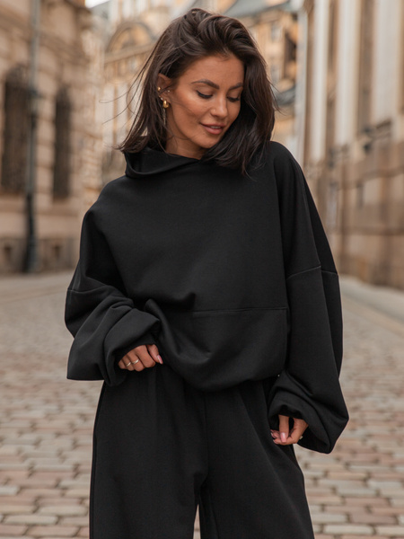 Luźna BLUZA z kapturem oversize szeroka z bawełnianej dresówki niedrapanej od wewnątrz czarna X150