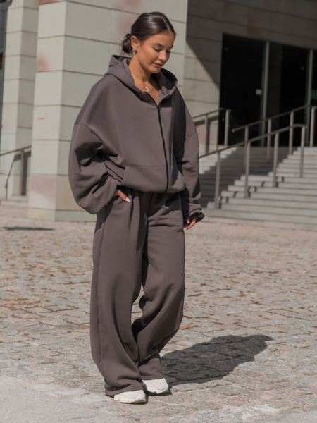 Oversizowa BLUZA z kapturem zapinana na zamek bluzowana kangurka z bawełnianej dresówki dark mokka X1