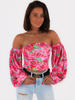 Gorsetowa bluzka z szerokimi rękawami różowa w róże c182 k01