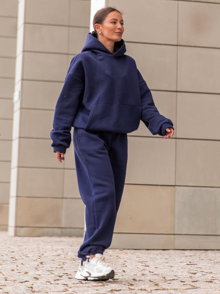 Dresowa bawełniana BLUZA z kapturem kangurka o klasycznym kroju navy blue X350