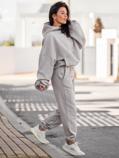 Bawełniana BLUZA z drapanego dresu z kapturem na stójce z kieszeniami kangurka stone  E1